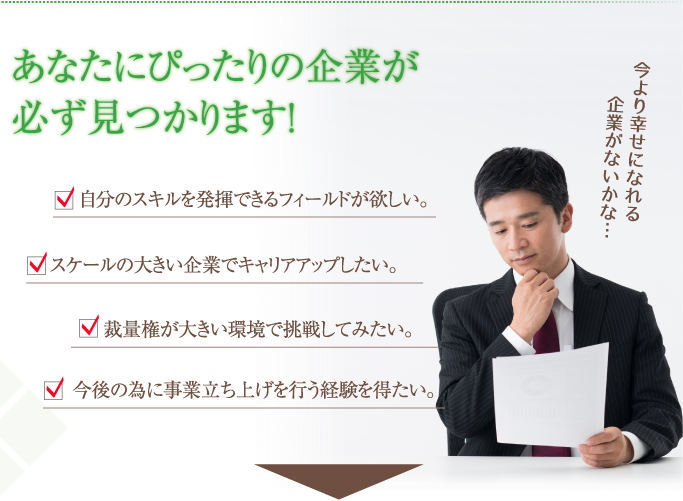 あなたにぴったりの企業が必ず見つかります! 自分のスキルを発揮できるフィールドが欲しい。 スケールの大きい企業でキャリアアップしたい。 裁量権が大きい環境で挑戦してみたい。 今後の為に事業立ち上げを行う経験を得たい。